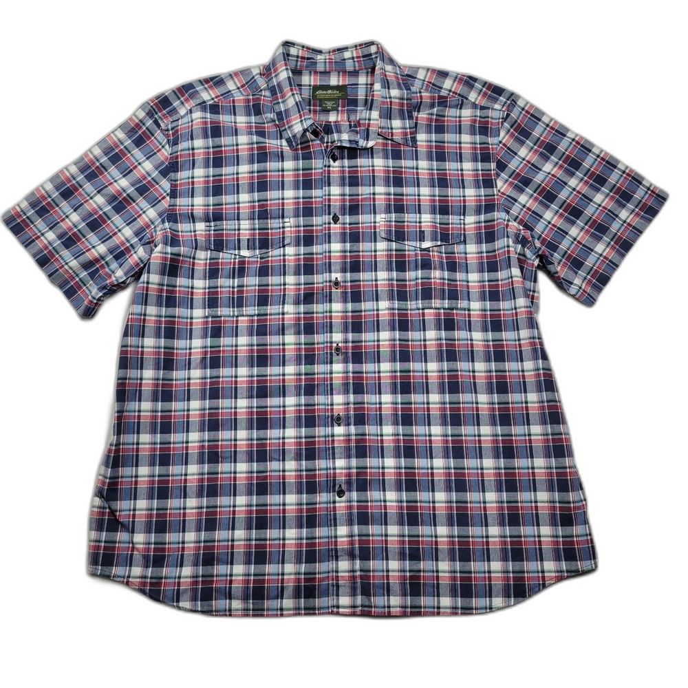Eddie Bauer Men's SS Button Down Plaid Shirt Blue 2XL